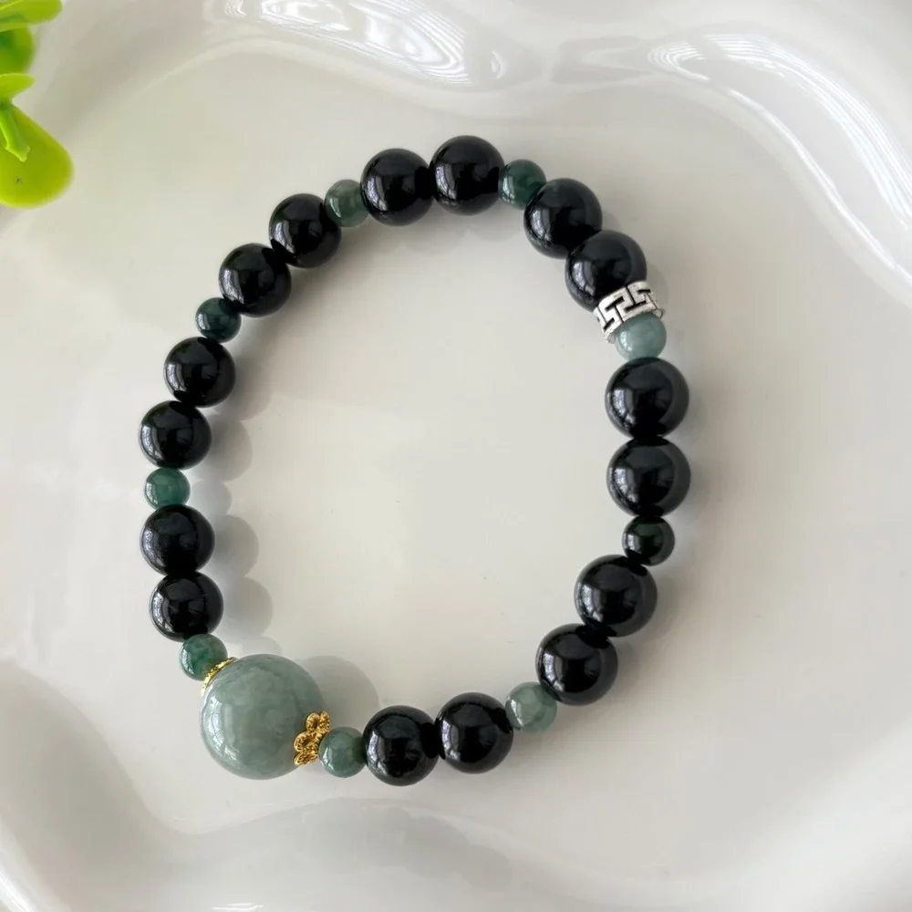 Authentic Jadeite Beaded Bracelet with Silver and Gold Accents  20.43g